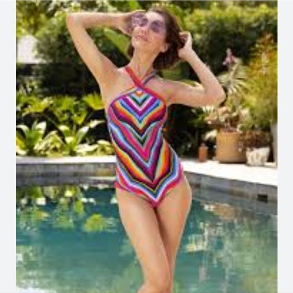Trina Turk Louvre Stripe Reversible High Neck One Piece Swimsuit Size 12 - Picture 15 of 16